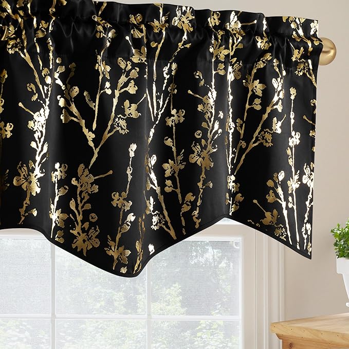 NICETOWN Blackout Kitchen Valances for Windows, Black Floral Scalloped Decor for Living Room Bathroom, Gold Foil Flower Shadow Printed Drapes 18 Inch Length with Rod Pocket, W42×L18, 1 Panel