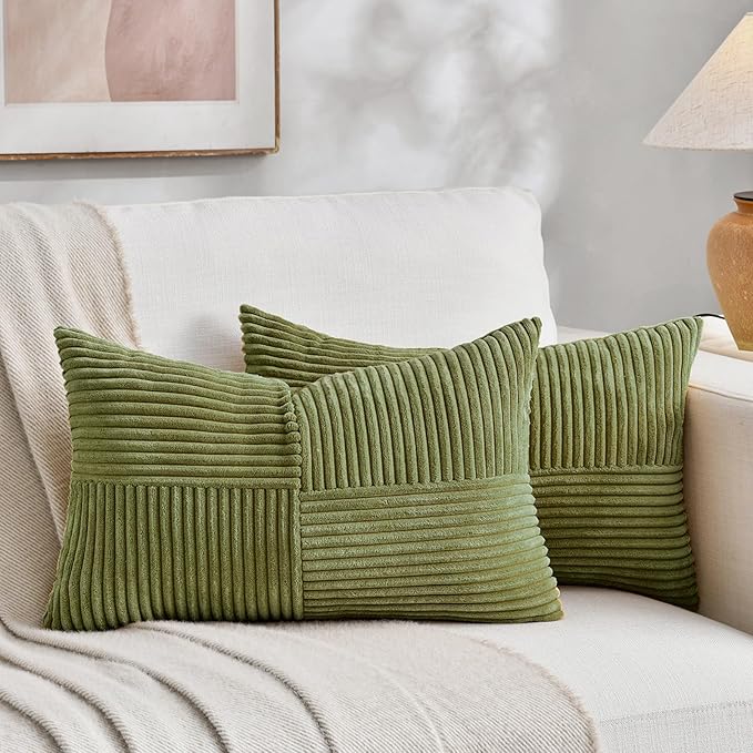 Fancy Homi 2 Packs Moss Green Lumbar Decorative Throw Pillow Covers 16x26 Inch for Living Room Couch Bed, Farmhouse Boho Home Decor, Soft Striped Corduroy Rectangle Accent Cushion Case 65x40 cm