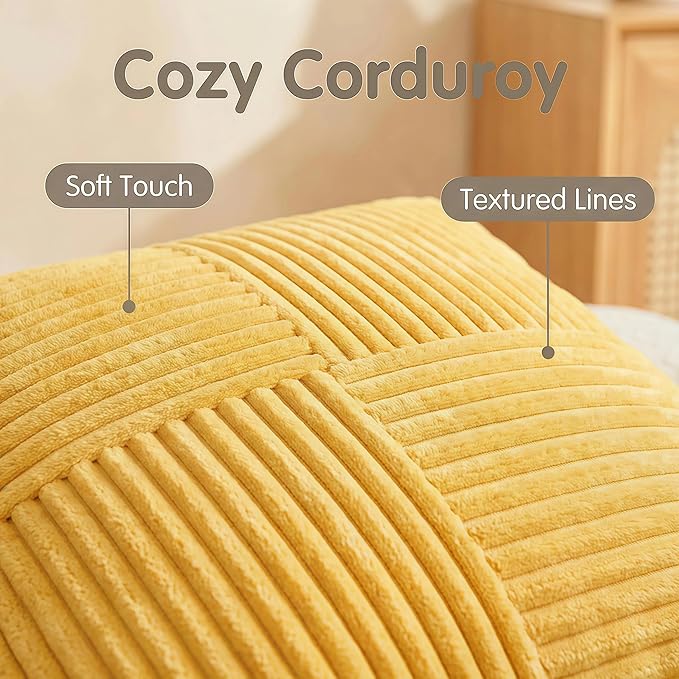 Fancy Homi 2 Packs Yellow Lumbar Decorative Throw Pillow Covers 12x20 Inch for Living Room Couch Bed Sofa, Farmhouse Boho Home Decor, Soft Striped Corduroy Rectangle Accent Cushion Case 30x50 cm