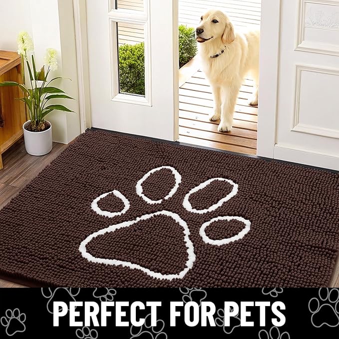 Smiry Dog Door Mat for Muddy Paws, Absorbent Dirt Trapper Non Slip Quick Dry Washable Chenille Mat for Mud Dogs, Entry Rug for Indoor and Outdoor (70x24 Inches, Brown and White)