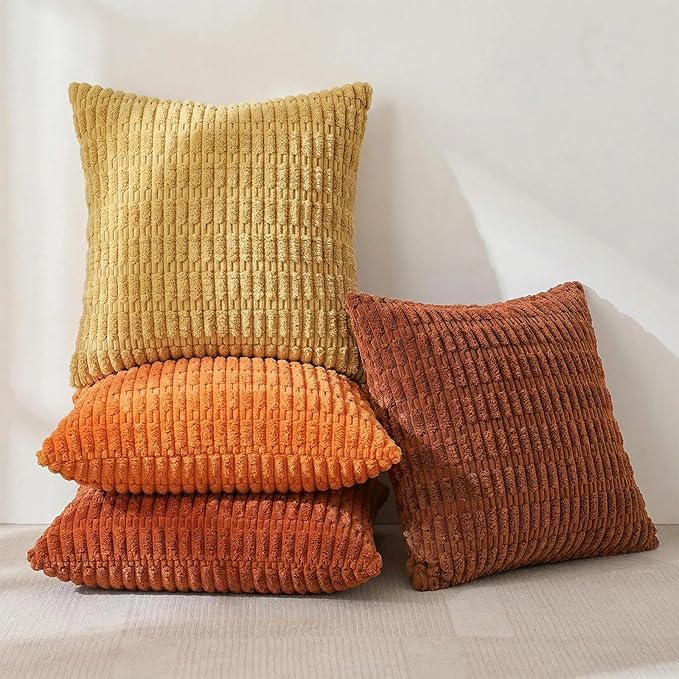 Fancy Homi Set of 4 Burnt Orange Fall Decorative Throw Pillow Covers 18x18 Inch for Couch Bed Chair, Modern Farmhouse Boho Room Decor, Soft Fuzzy Corduroy Textured Striped Cushion Case 45cm