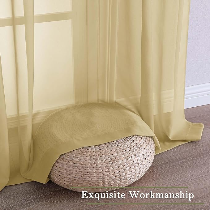Lecloud Gold Sheer Curtains 108 Inches Long 2 Panels, Dual Rod Pocket Light Filtering Bedroom Curtains for Living Room Decor, Airy Solid Color Window Treatments Drapes, Each Panel 59" W x 108" L