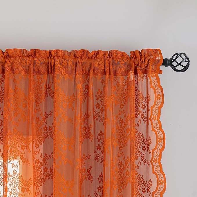 YJ YANJUN Vintage Lace Curtains 45 Inch Length- Burtnt Orange Fall Kitchen Curtains for Small Window Privacy Rustic Floral Short Boho Sheer Panels for Bathroom Living Room RV 2 Panels 52x45 Orange