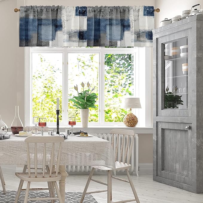 Emvency 4 Pack Valances Window Treatments, Blue and Grey Abstract Modern Art Blackout Drapes Adjustable Curtain for Windows Living Room Kitchen Over Sink, 52x18 Inch Rod Pocket Valances