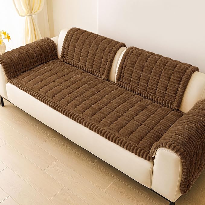 hyha Couch Covers for Dogs Washable, Non Slip Plush Dog Sofa Protectors, Fuzzy Pet Couch Covers for 3 Cushion Sofa Pet Friendly (Brown, 27.6" x 47")