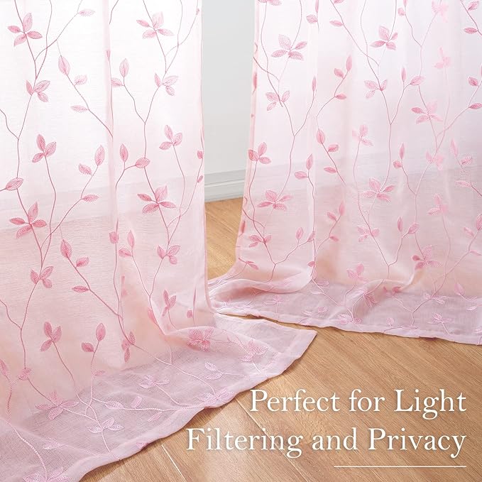 HOMEIDEAS Pink Sheer Curtains 52 X 96 Inches Length 2 Panels Embroidered Vine Floral Pattern Pocket Faux Linen Semi Sheer Voile Window Drapes for Bedroom Living Room