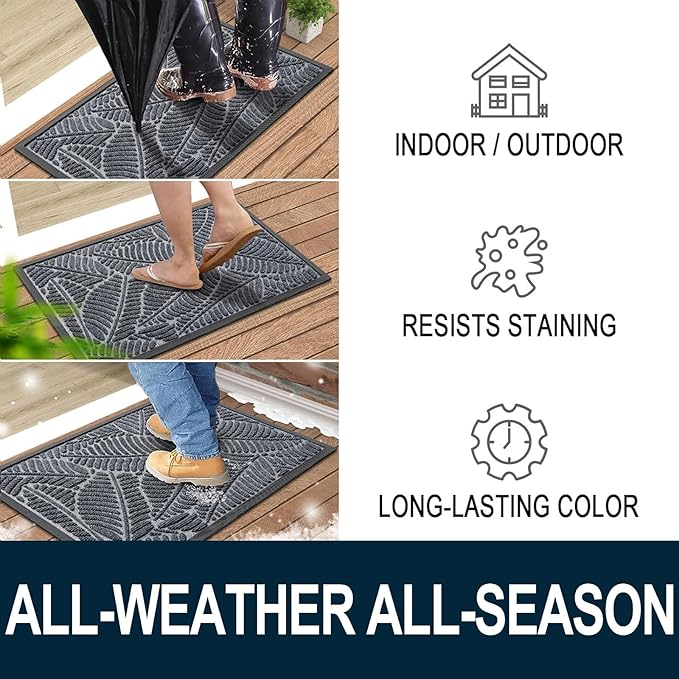 Colorxy Waterproof Doormat, Sturdy Natural Rubber Front Indoor Mat, Non Slip Low Profile Indoor Outdoor Door Mats, Stain and Fade Resistant Floor Mat, Easy Clean Patio Entrance Mat, 30''x17'', Grey