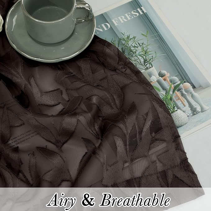 Lecloud Leia Chocolate Brown Sheer Kitchen Curtains 24 Inch Length 2 Pcs, Jacquard Textured Leaf Voile Short Curtains with Dual Rod Pocket, Farmhouse Cafe Bedroom Window Treatments, 38 W x 24 L