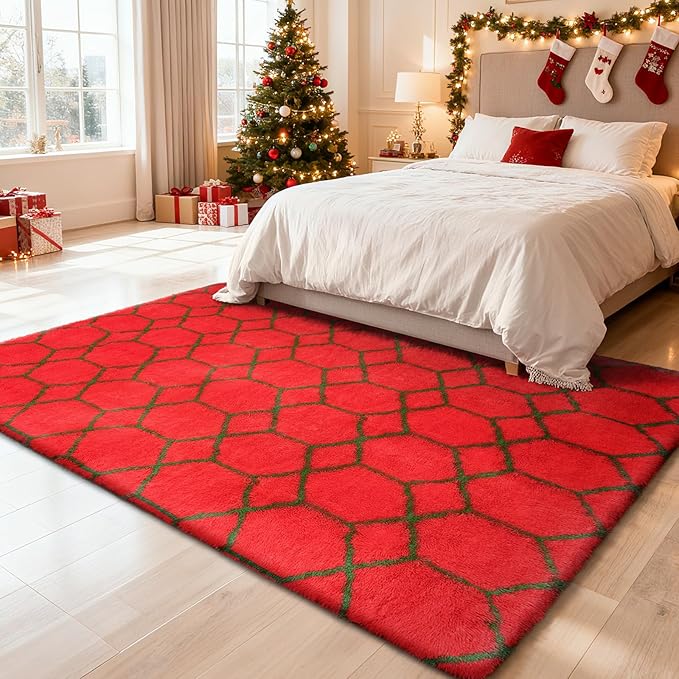 8x10 Fluffy Area Rugs for Living Room,Shag Area Rug for Bedroom,Geometric Soft Fuzzy Rug Non-Shedding Indoor Plush Carpet for Kids Bedroom Nursery Home Christmas,Red and Green