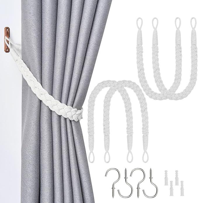 NICEEC 4 Pack Natural Cotton Rope Curtain Tiebacks Elegant Boho Style Decorative Drape Tie Backs Soft Hand-Woven Rope Curtain Holdbacks with Metal Hook for Home & Office Drapery (White)