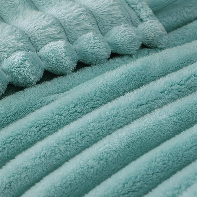 Exclusivo Mezcla Queen Size Flannel Fleece Blanket, Super Soft Striped Jacquard Bed Blanket, Lightweight Fuzzy Cozy for All Seasons, 90x90 Inches, Celadon