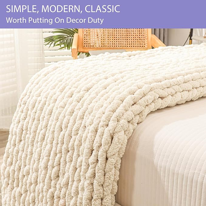 Bigacogo Chunky Knit Throw Blanket for Couch, 40x80 inches, 100% Hand Knitted with Thick Jumbo Chenille Yarn, Cozy Soft Large Rope Knot Cable Crochet Blankets for Sofa Bed Living Room, Beige