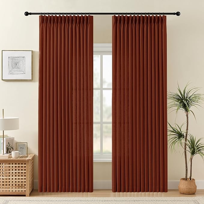 IVAPUPU 90 Inch Linen Blend Curtains 2 Panel Set for Living Room, Pinch Pleated Curtains Semi Sheer Light Filtering Modern Window Drapes with Hooks Rings for Bedroom Dining Room, 40W, Chestnut Brown