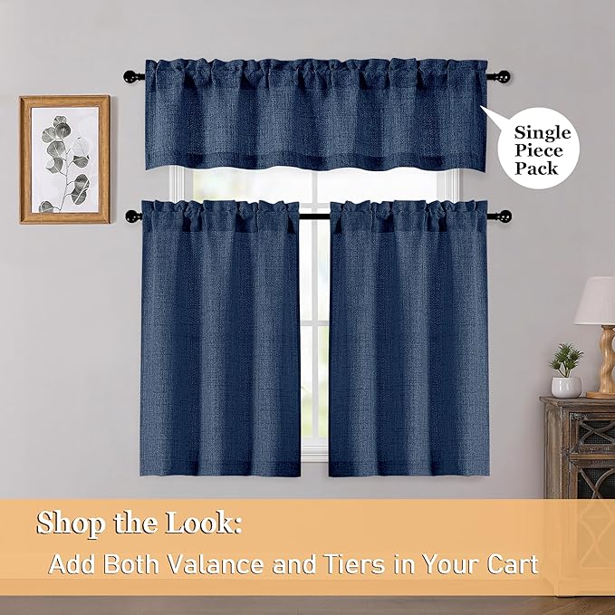 OWENIE Navy Blue Valances for Windows 1 Pcs 18 Inch Length, Light Filtering Textured Short Small Valance Curtains for Bathroom Basement Living Room, Half Window Curtains Over Sink, 60" W by 18" L