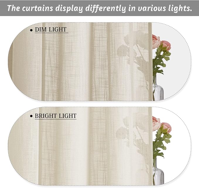 RYB HOME Window Toppers Valances - Semi Sheer Valances Pleated Rod Pocket Linen Textured Fabric Window Dressing for Kitchen, Kids Room Short Drapes, Warm Beige, W 52 x L 18 Each Panel, Set of 2