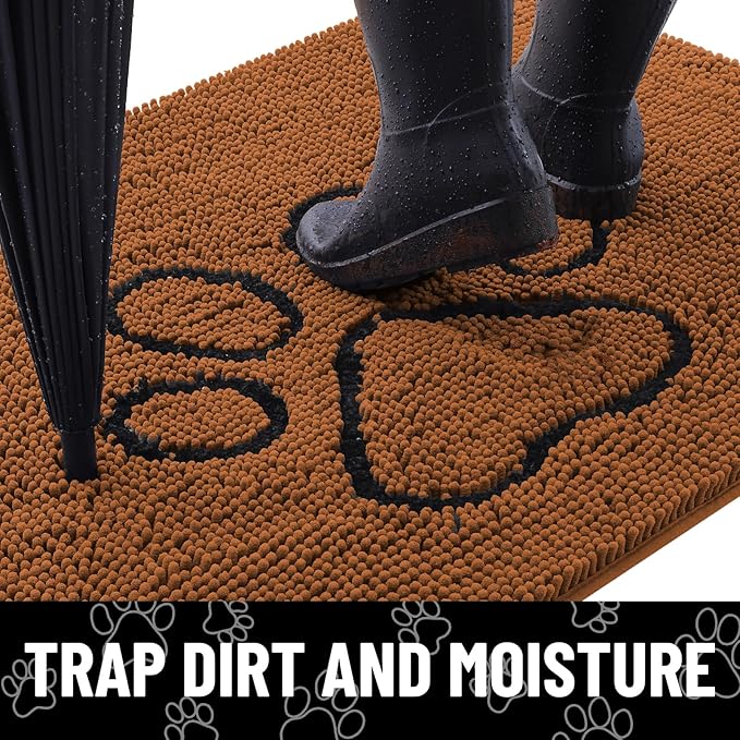 Smiry Dog Door Mat for Muddy Paws, Absorbent Dirt Trapper Non Slip Quick Dry Washable Chenille Mat for Mud Dogs, Entry Rug for Indoor and Outdoor (30x20 Inches, Ochre and Black)