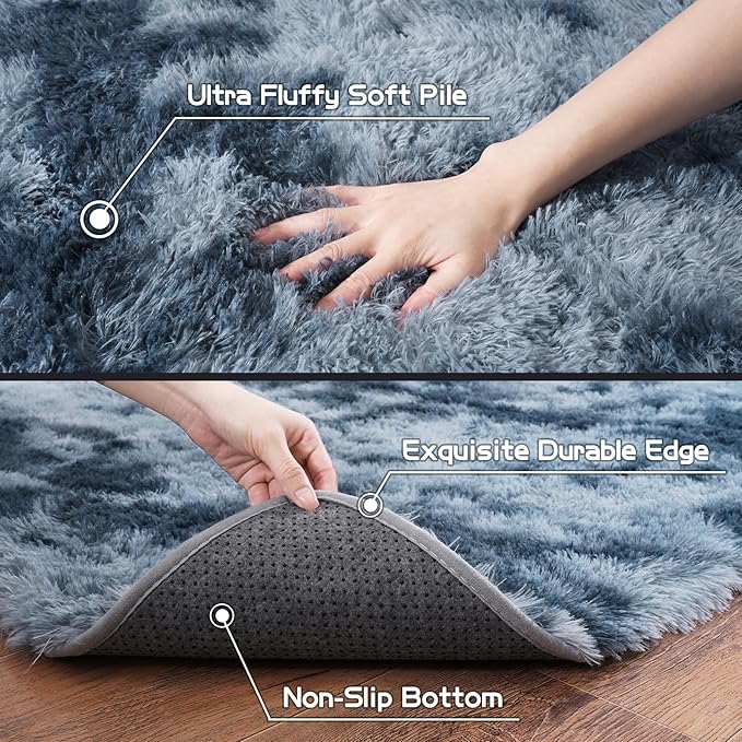 Pionblank Large Area Rug for Living Room 10x14, Fuzzy Modern Shag Rug, Fluffy Plush Non Slip Soft Furry Carpet for Bedroom Kids Room Nursery Teens Dorm Home Decor, Blue Grey