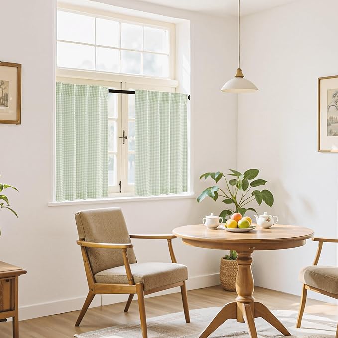 RYB HOME Gingham Cafe Curtains 24 inch Length, Linen Checkered Vintage Farmhouse Plaid Curtains Small Window Treatment for Kitchen Living Room Bathroom Valance, Sage Green, W26 x L24, 2 Panels