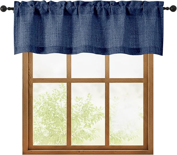 OWENIE Navy Blue Valances for Windows 1 Pcs, Light Filtering Textured Farmhouse Short Small Valance Curtains for Bathroom Basement Living Room Bedroom, Rod Pocket Half Curtains Over Sink, 52Wx14L Inch