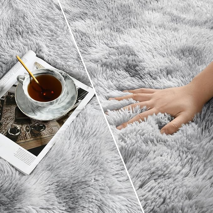 Deerhoo Shag Area Rug, 4 X 6 Tie-Dyed Plush Fuzzy Rugs for Living Room, Ultra Soft Fluffy Furry Rug for Bedroom, Indoor Carpet Nursery Rugs for Kids Room Home Decor, Light Grey