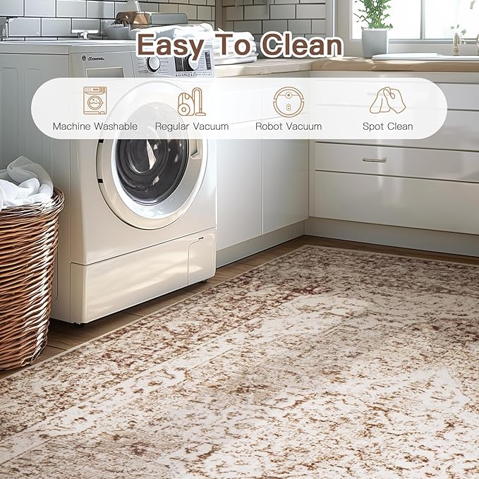 Lofus 2x5 Runner Rug for Hallways, Washable Kitchen Rugs, Non-Slip Rugs for Entryway and Bedroom, Vintage Boho Carpet, Soft Low Pile Long Runner Area Rug, Vintage Beige Brown