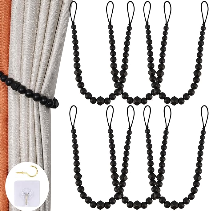 Wood Bead Curtain Tiebacks, KLOGTSIND Set of 6 Curtain Holdbacks for Thin or Thick Window Draperies, Boho Farmhouse Curtain Tiebacks with Hooks, Curtain Tie Backs for Home Office Room Decor