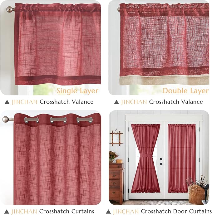 jinchan Linen Valance for Farmhouse Living Room Windows 16 Inch Slubbed Crossed Double Layer Window Valance Light Filtering Rustic Country Overlay Rod Pocket 1 Panel Burgundy