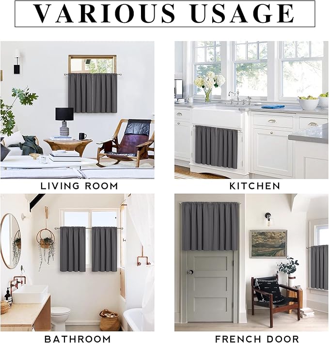 RYB HOME Short Blackout Curtains for Bedroom, Room Darkening Insulated Summer Heat Light UV Blocking Energy Saving Drapes for Nursery, Width 34 by Length 45, Grey, Set of 2