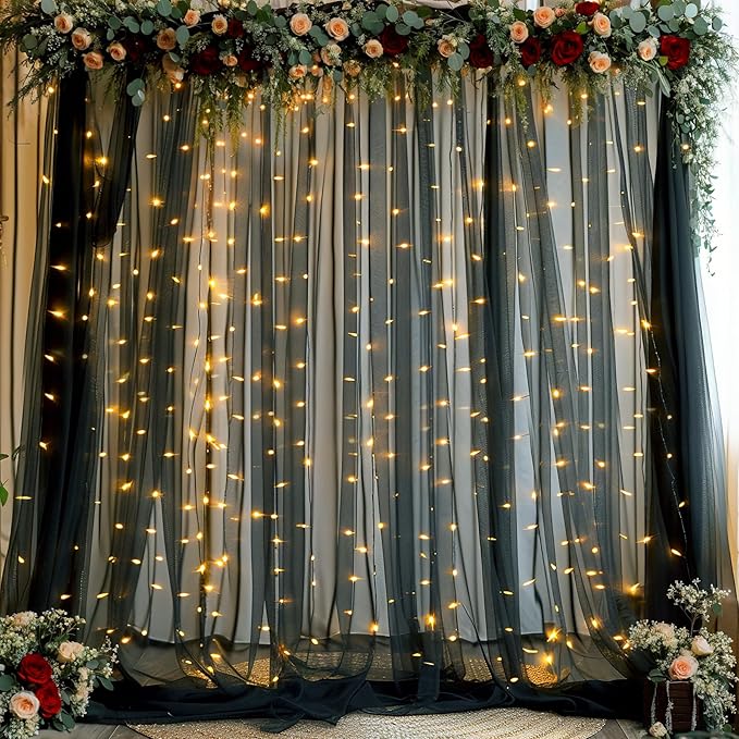 20ft x 12ft Black Tulle Backdrop Curtain for Parties Sheer Fabric Backdrop Curtains for Baby Shower Birthday Party Back Drop Wedding Graduation Photo Backdrop Drapes Background 4 Panels 5ft x 12ft