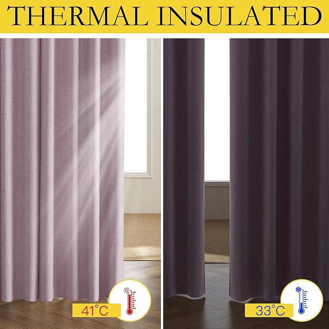 NICETOWN Pink Vintage Linen 100% Blackout Curtains for Living Room, Thermal Insulated Curtains 90" Long, Noise Reducing Window Treatment Drapes for Hall Room, 42" Wide Per Panel, Set of 2