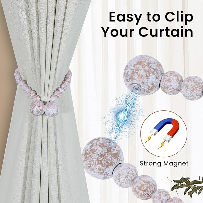 KLOGTSIND Magnetic Curtain Tiebacks, Curtain Tie Backs for Curtains 4 Pack, Wood Bead Curtain Tiebacks, Curtain Holders for Boho Bedroom Decor, Baby Nursery Decor, Farmhouse Decor