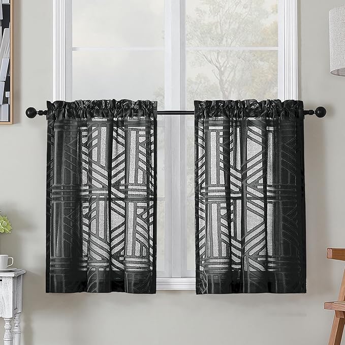 Simplebrand Semi Sheer Black Curtains 30 Inch Length 2 Panels, Geometric Jacquard Clip Textured Short Sheer Curtains for Bedroom，Modern Elegant Window Curtains Panels/Drapes/Treatment, 30x30 inch