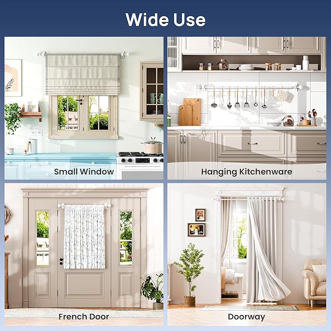 ENJOYBASICS No Drill Curtain Rods for Window 28 to 47 Inches, 5/8 Inch Diameter Renter Friendly Drapery Rod with Adhesive Brackets without Drilling, Adjustable from 27 to 52 Inches, White