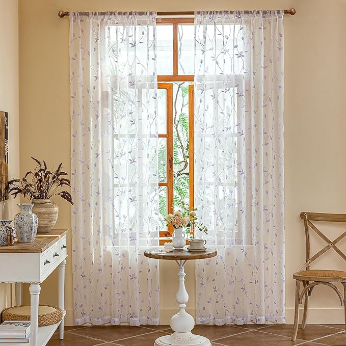 AmHoo 2 Panels Embroidered Leaf Pattern Semi Sheer Curtains Foliage Floral Voile Window Draperies Treatment for Bedroom Living Room Rod Pocket White Lavender Purple 53 x 84 Inch