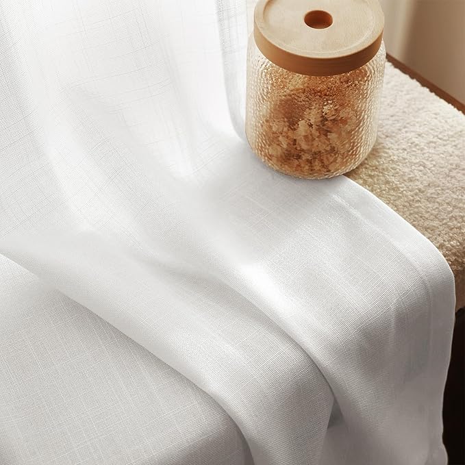 White Linen Curtains 90 inch Length for Bedroom Loop Pocket Privacy Light Filtering Semi Sheer White Boho Farmhouse Curtain 90 inch Long Drapes Cotton Textured Modern Elegant Coastal Living Room Decor