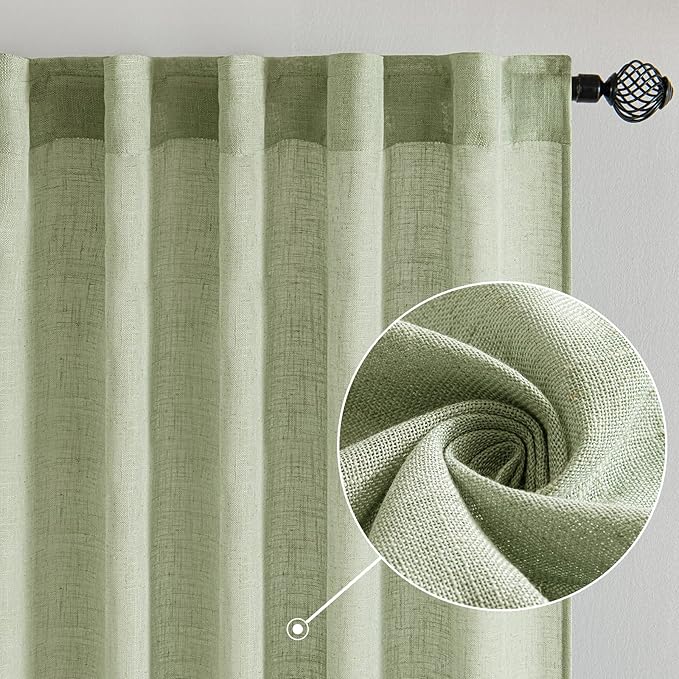 MIULEE Sage Green Linen Curtains 90 Inch Long for Bedroom Living Room, Soft Thick Linen Textured Window Drapes Semi Sheer Light Filtering Back Tab Rod Pocket Burlap Look Farmhouse Decor, 2 Panels