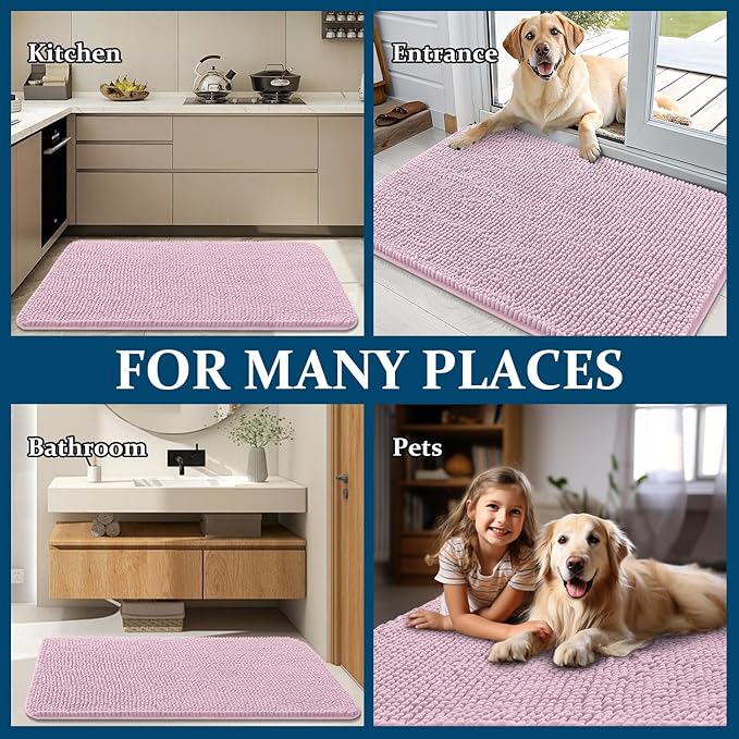 OLANLY Dog Door Mat for Muddy Paws 59x20, Absorbs Moisture and Dirt, Absorbent Non-Slip Washable Doormat, Quick Dry Chenille Mud Mat for Dogs, Entry Indoor Entryway Carpet for Inside Floor, Dusty Rose