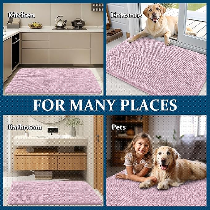 OLANLY Dog Door Mat for Muddy Paws 54x24, Absorbs Moisture and Dirt, Absorbent Non-Slip Washable Doormat, Quick Dry Chenille Mud Mat for Dogs, Entry Indoor Entryway Carpet for Inside Floor, Dusty Rose