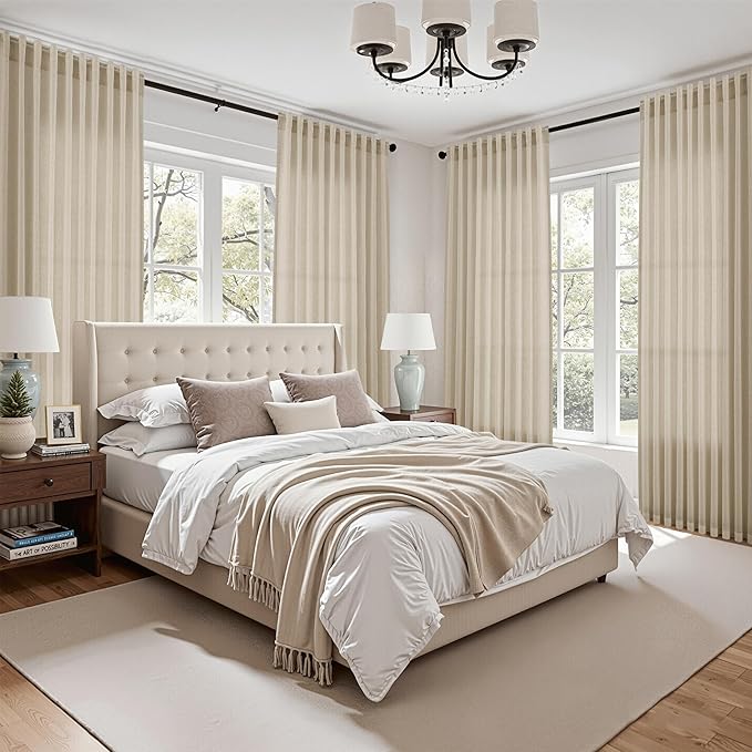 Nanspring Eggshell Beige Linen Curtains 84 Inches Long for Living Room Light Filtering Semi Sheer Curtain Back Tab Rustic Coastal Decor Elegant Neutral Luxury Drapes for Bedroom 52x84, 2 Panels