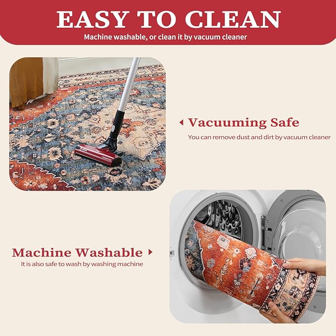 SERISSA Washable Rugs 9x12 Area Rugs, Large Non-Slip Boho Living Room Rug, Ultra Soft Vintage Print Distressed Oriental Tribal Farmhouse Carpet for Dining Room Bedroom Dorm Office Home Decor