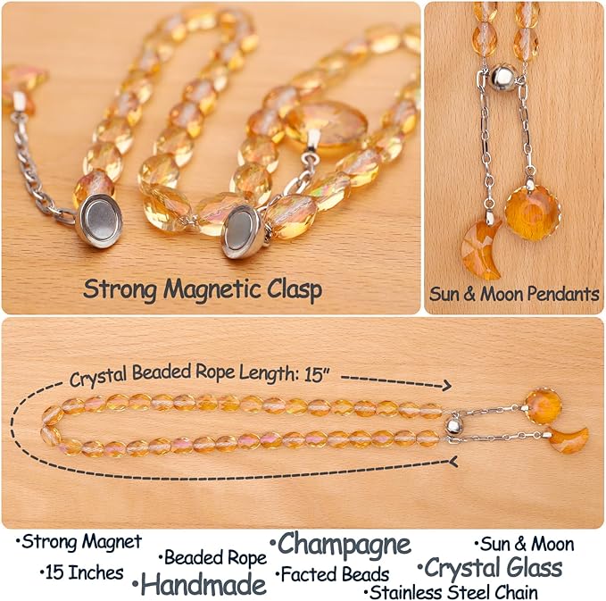 PEDOBO Magnetic Curtain Tiebacks, 2 Pack Crystal Beaded Sun & Moon Pendants Sheers/Draperies Holdbacks for Window Home Office Decor (Gold)
