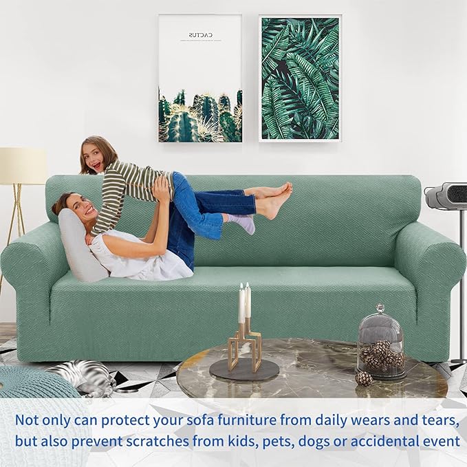 ZNSAYOTX 1 Piece Jacquard Couch Covers for 2 Cushion Couch High Stretch Loveseat Slipcover for Pets Dogs Anti Slip Love Seat Sofa Slipcover Furniture Protector (Medium,New Pattern Pea Green)