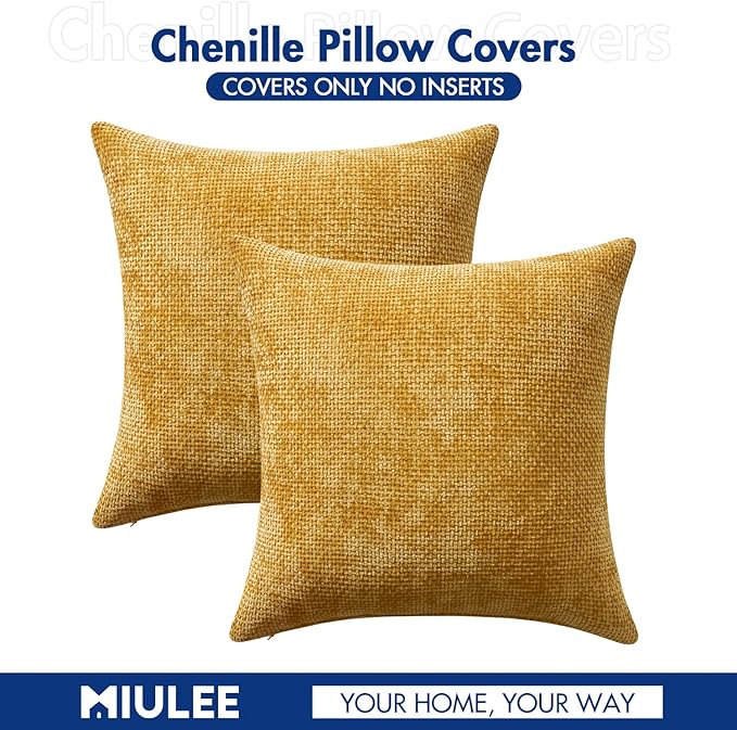 MIULEE Pack of 2 Couch Throw Pillow Covers 18x18 Inch Neutral Gold Modern Boho Accent Decorative Pillow Covers Soft Chenille Farmhouse Cushion Covers for Home Decor Bed Sofa Living Room