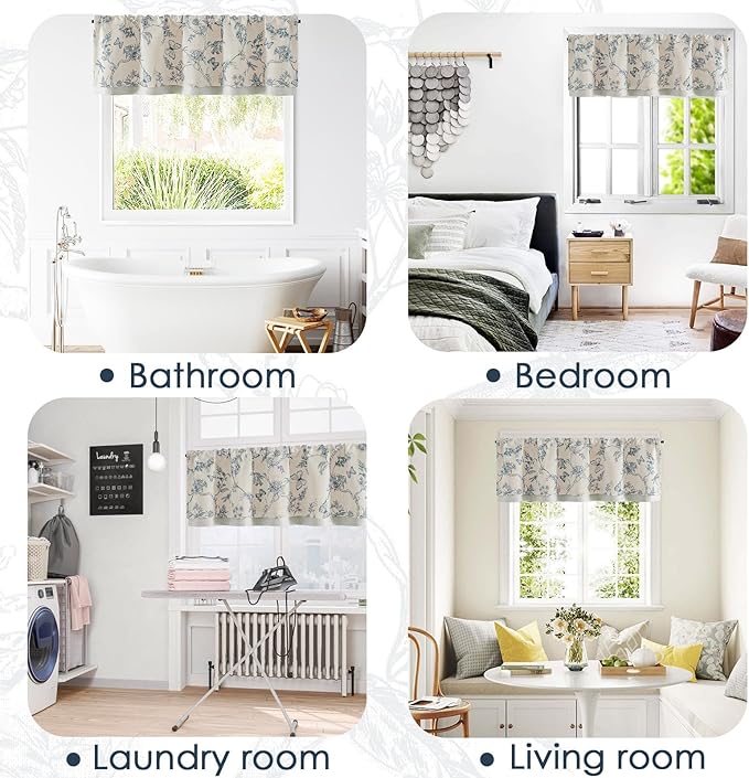 jinchan Floral Curtain Valance for Windows 16 Inch Linen Valance for Kitchen Living Room Rustic Cottage Farmhouse Flower Butterfly Curtain Rod Pocket 1 Panel Double Layer Blackout Blue on Beige