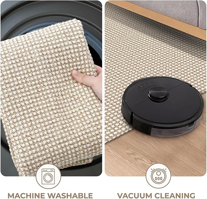KOZYFLY Runners for Hallways 2x8 ft Washable Kitchen Runner Non Slip Rubber Backed Hall Runners Cotton Entryway Runner Rugs Floor Carpet for Indoor Backdoor Bedroom Kitchen, Ivory/Khaki