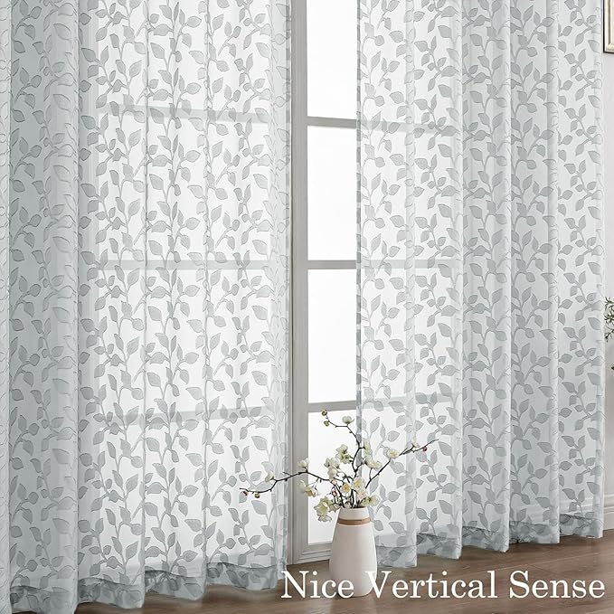 Chyhomenyc Light Grey Sheer Curtains 96 Inch Length 2 Panels Set, Light Filtering Tufted Textured Soft Airy Rod Pocket Gentle Leaf Window Treatment Drapes for Bedroom Living Room, 52" Wx96 L, 2PCS