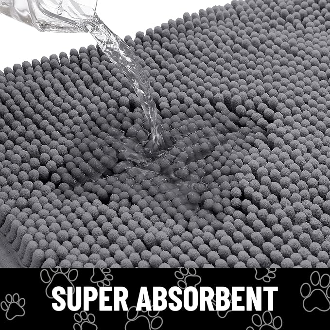 Smiry Dog Door Mat for Muddy Paws, Absorbent Dirt Trapper Non Slip Quick Dry Washable Chenille Mat for Mud Dogs, Entry Rug for Indoor and Outdoor (30x20 Inches, Dark Grey and Black)