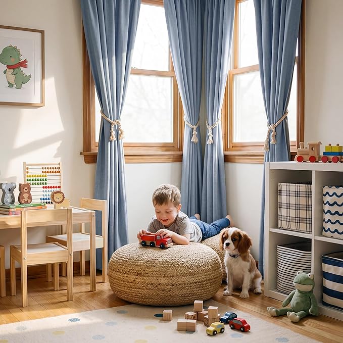 RYB HOME Linen Texture Curtains for Bedroom, 100% Blackout Thermal Insulated Curtains, Rod Pocket&Back Tab Room Darkening Drapes Luxury Decor for Living Room Nursery, W52xL96, 2 Panels, Smoky Blue