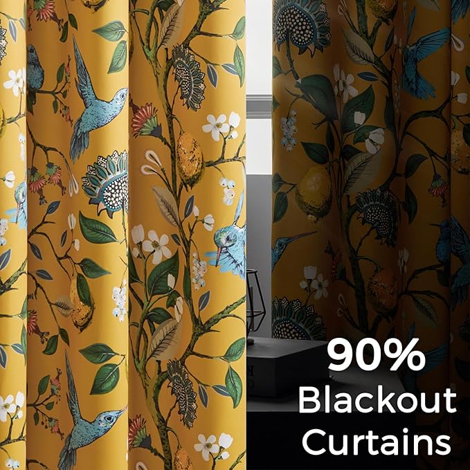 Extra Long 108 Inches Curtains for Large Window Luxury Mustard Yellow Floor To Ceiling Blackout Vintage Floral Hummingbird Fancy Grommet Drop Cloth Damask Drape for Living Room Dining 2 Pages 9FT