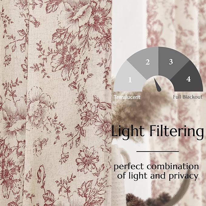 jinchan Lined Linen Blend Curtain Floral Curtains for Living Room 108 Inches Long Farmhouse Red Flower Printed Curtain Rod Pocket Back Tab Peony Patterned Drapes Curtains Set 2 Panels